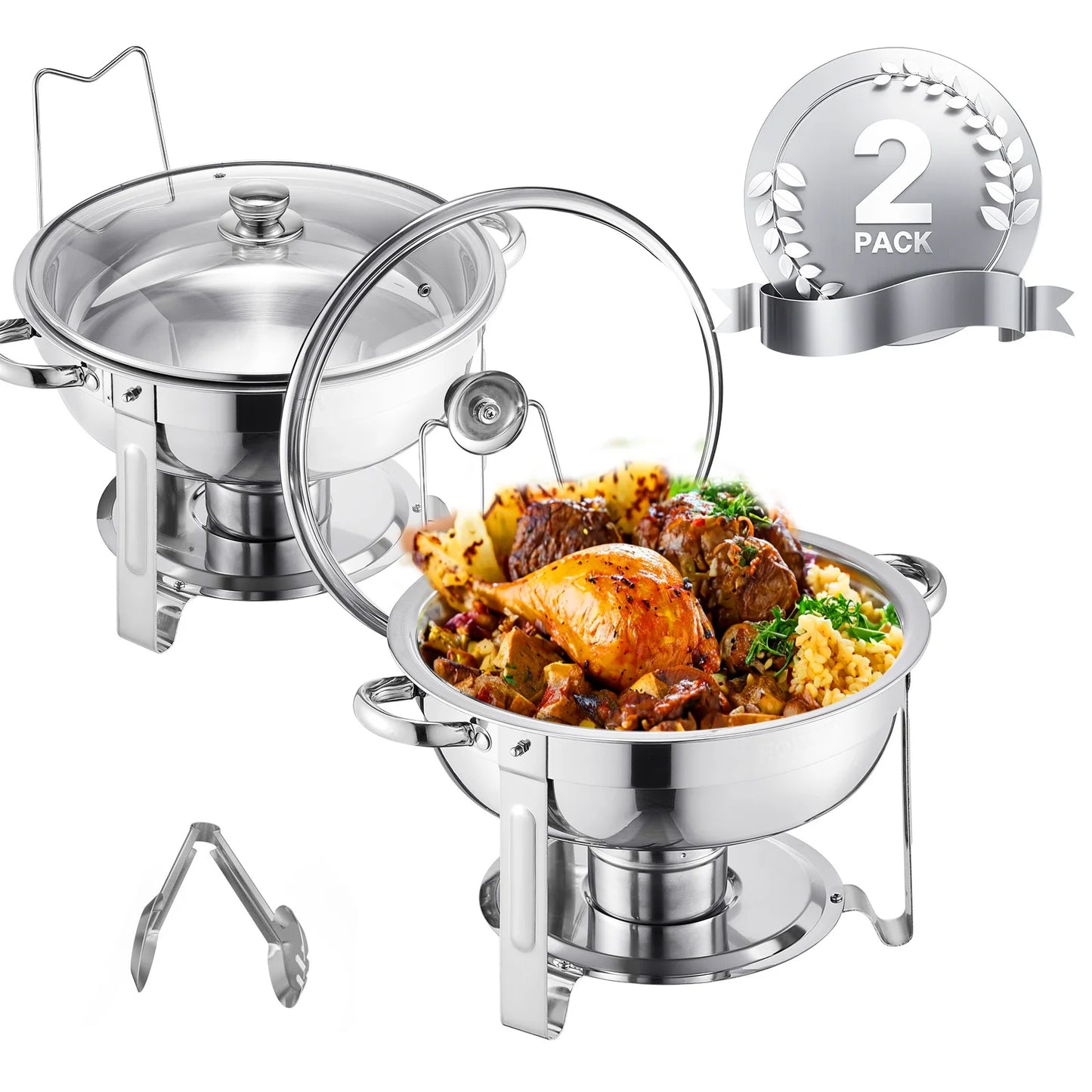 SucceBuy 5 Qt 2 4 Pack Round Chafing Dish Buffet Set Stainless Steel Chafer w/ 4 Full Size Pan Catering Warmer Server for Party