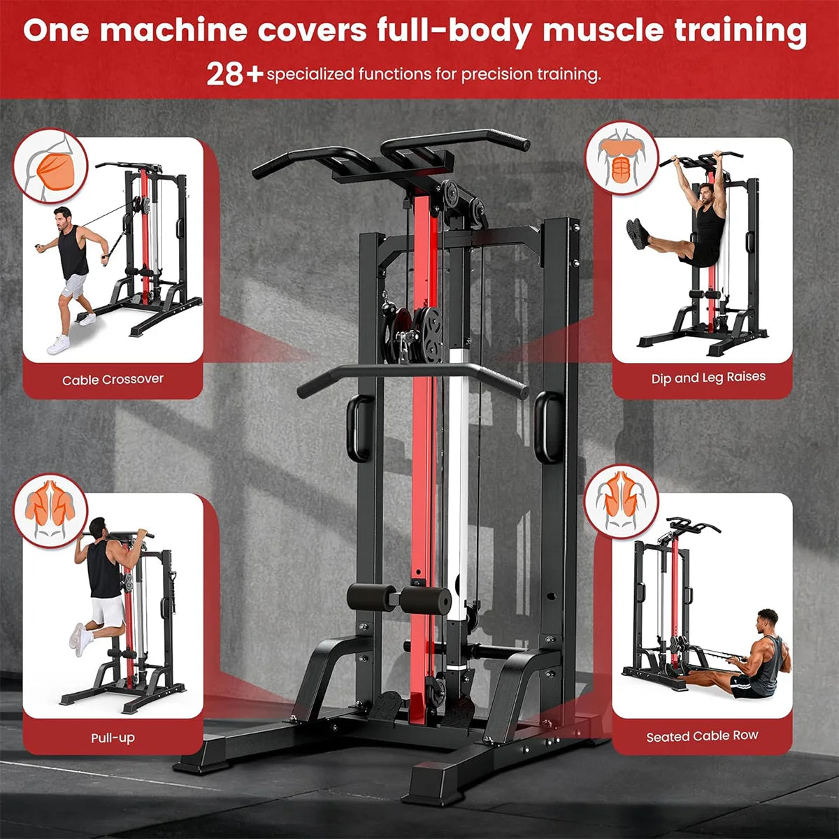 Pooboo Home Gym Machine - High/Low Pulley System for Lat Pulldown, Row&Back Workout, with Leg Support | All-in-One Strength Training Equipment for Home Gym