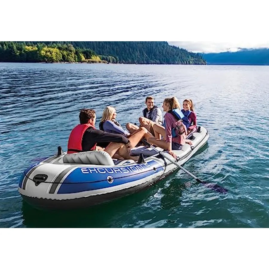 Excursion Inflatable Fishing Boat River Raft Set With Oars For Outdoor Water Activities, PVC Material, Gray And Blue, Durable A