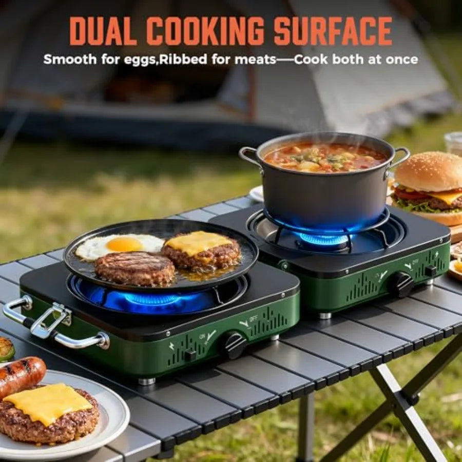 2 Burner Propane Camping Stove Portable Foldable Gas Stove with Frying Pan and Carry Bag for Outdoor Cooking Emergency Use Blac