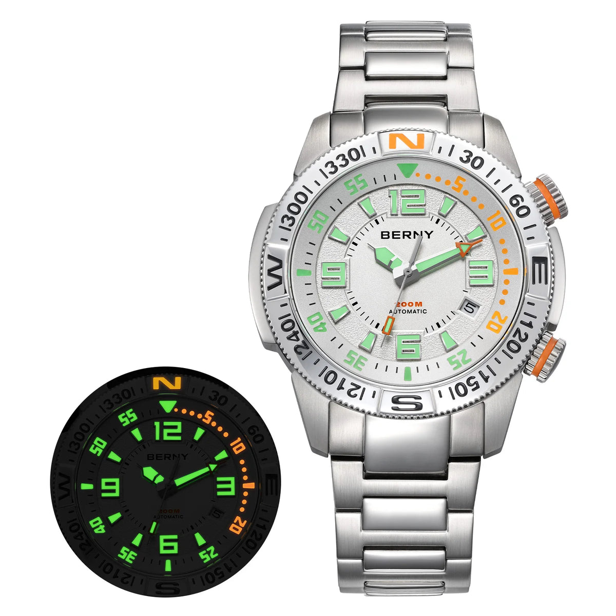 BERNY Automatic Diving Watches for Men 20ATM Super Luminous Mechanical Men's Diver Watch Full S/S Sapphire Swim Dive Wristwatch