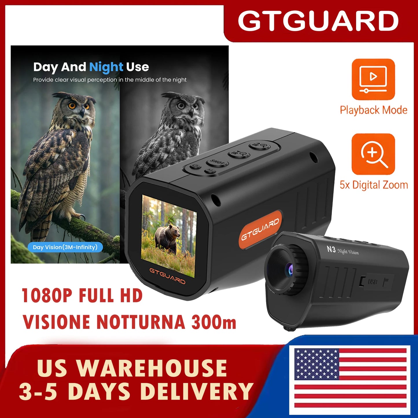GTGUARD N3 4K Night Vision Monoculars 5X Digital Zoom 2.95” Large Screen Handheld for Outdoor Camping Field Observation for US
