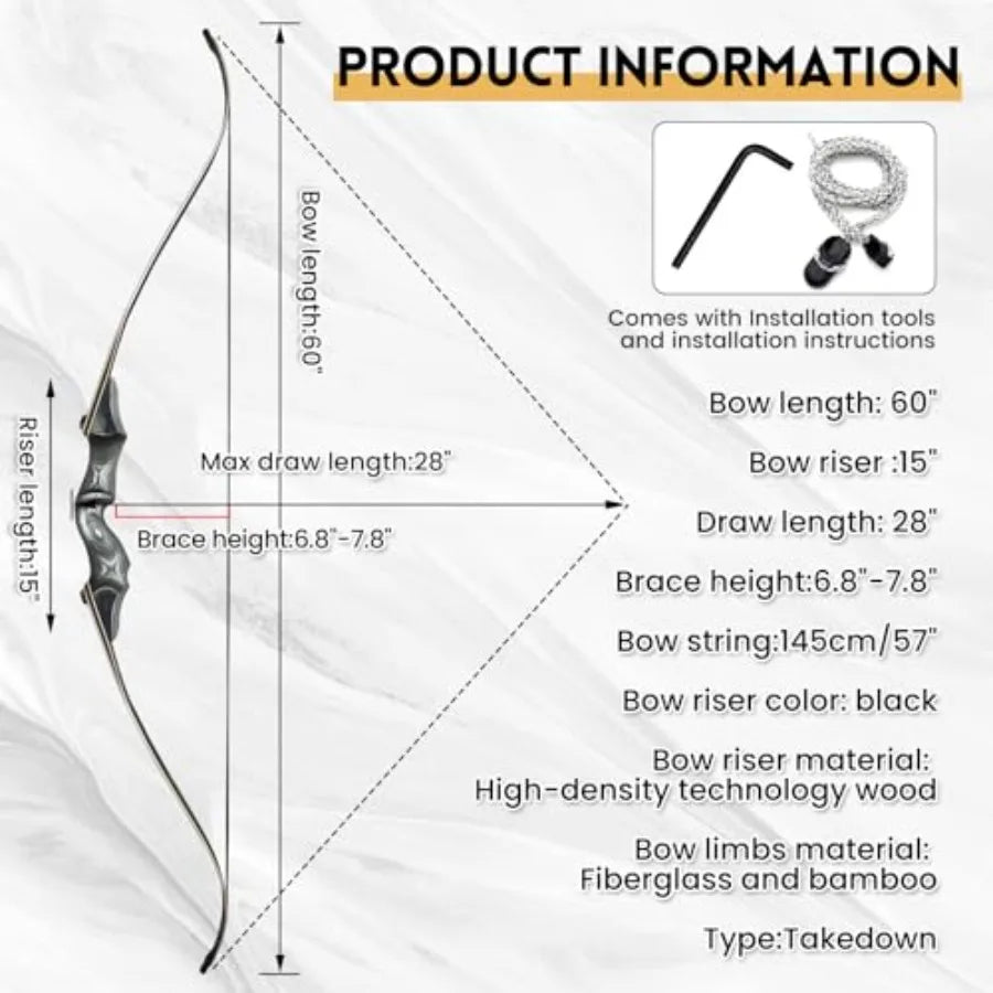 Archery hunting and target practice: black recurve bow with bamboo core limbs, 60-inch takedown design for durability and porta