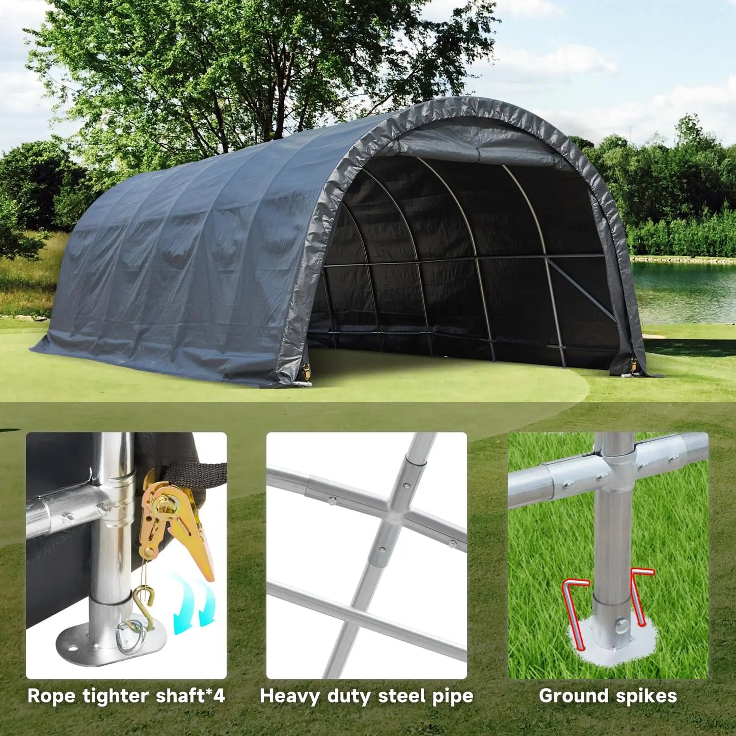 12 x 24 FT Heavy Duty Carport, Portable Garage with All-Steel Metal Frame and Round Style Roof, Anti-Snow Car, Customized