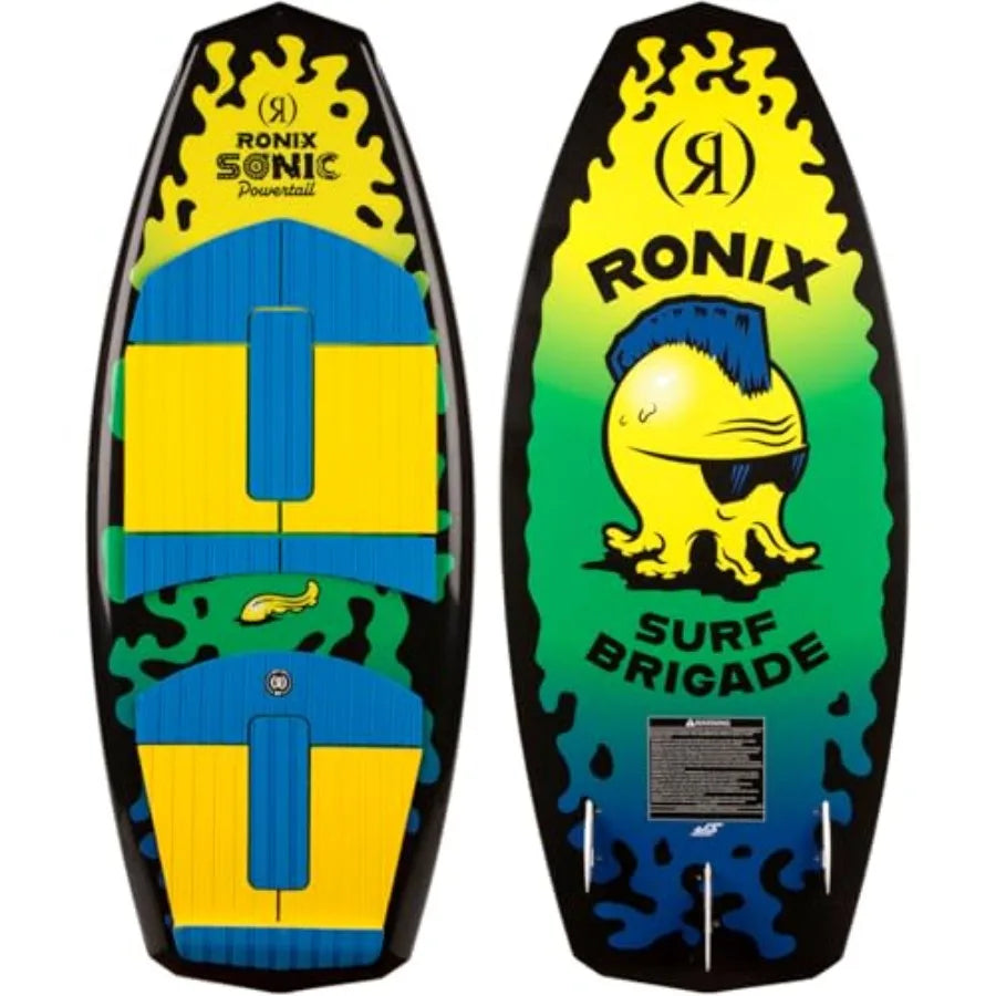 ' wakesurfing board for all skill levels: yellow/green polyethylene board with extended tail surface and Turbo 3000 fin for enh