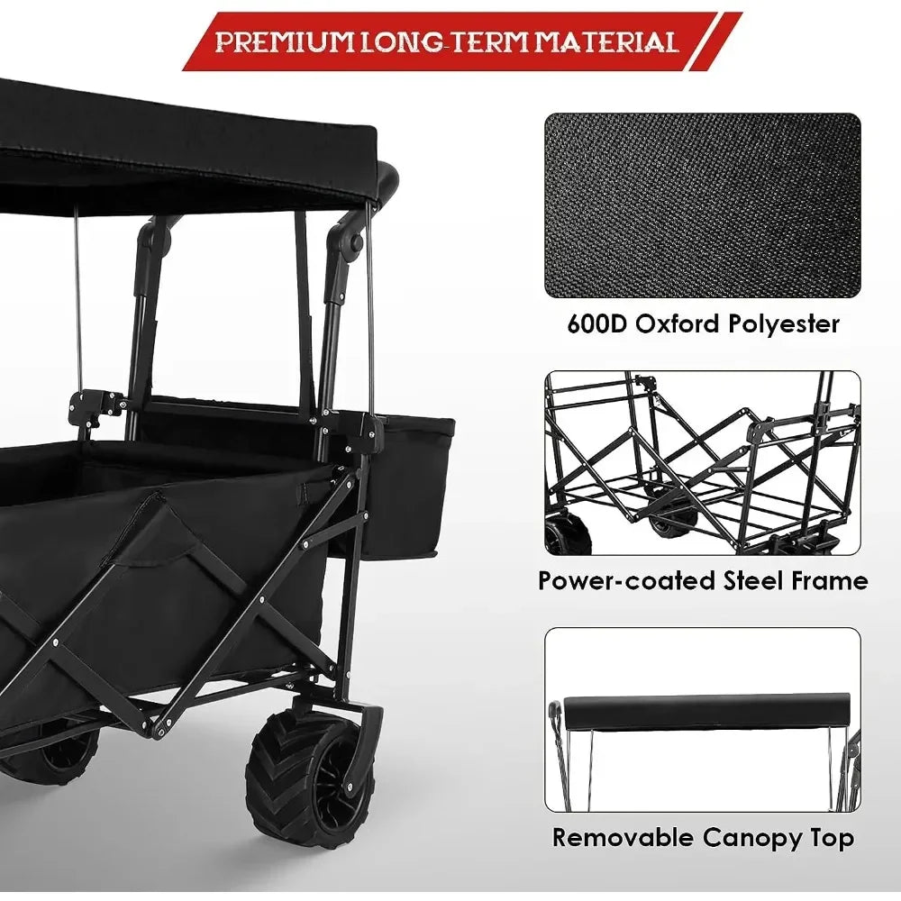 Large Collapsible Wagon w/Removable Canopy Foldable Garden Cart W/ Big Wheel&Adjustable Handles