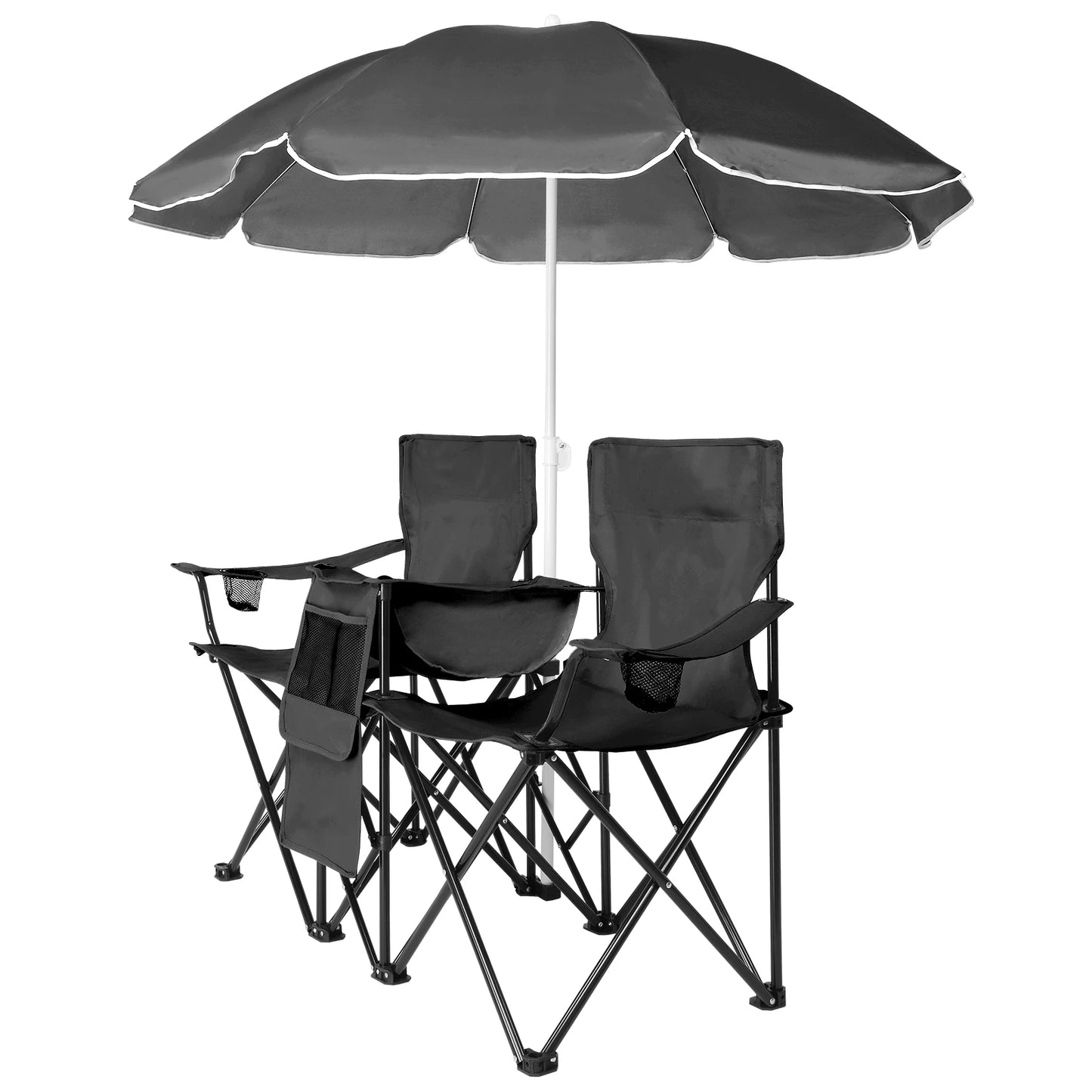 Portable Outdoor 2 Seat Folding Chair with Removable Sun Umbrella Steel Tube Oxford Fabric Heavy Duty for Fishing Black